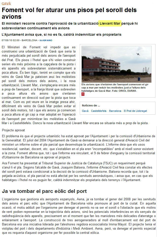 Noticia publicada en el diario EL PUNT sobre el recurso del Ministerio de Fomento contra la aprobacin de Llevant Mar en Gav Mar (7 Agosto 2010)